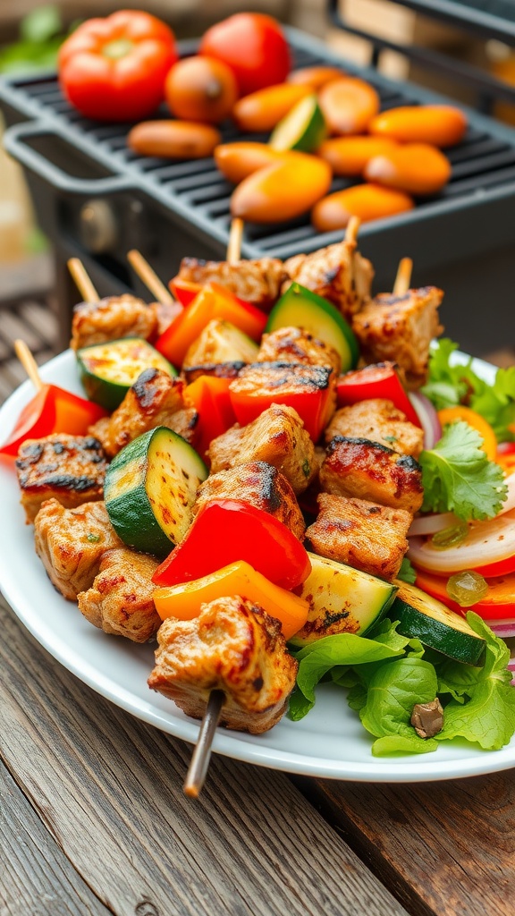 Grilled pork kebabs with vegetables on skewers, served on a plate with salad, set on an outdoor table.